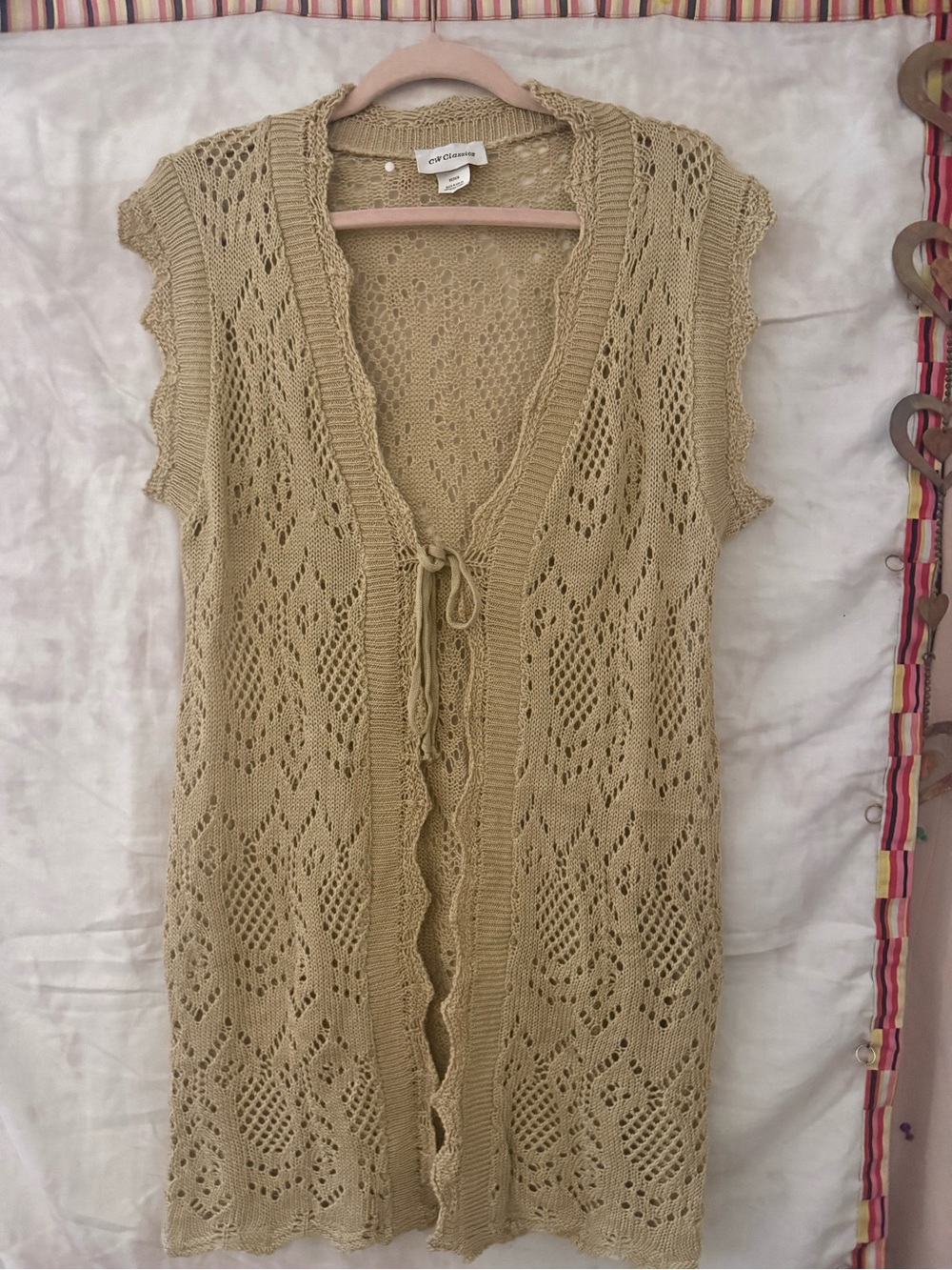 Vintage CW Classics Beige Crochet Knit Duster Cardigan Medium